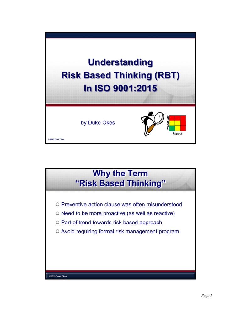 Risk Based Thinking in ISO 9001:2015 Presentation