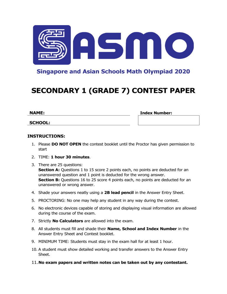 SASMO 2020 Grade 7 Math Contest Paper