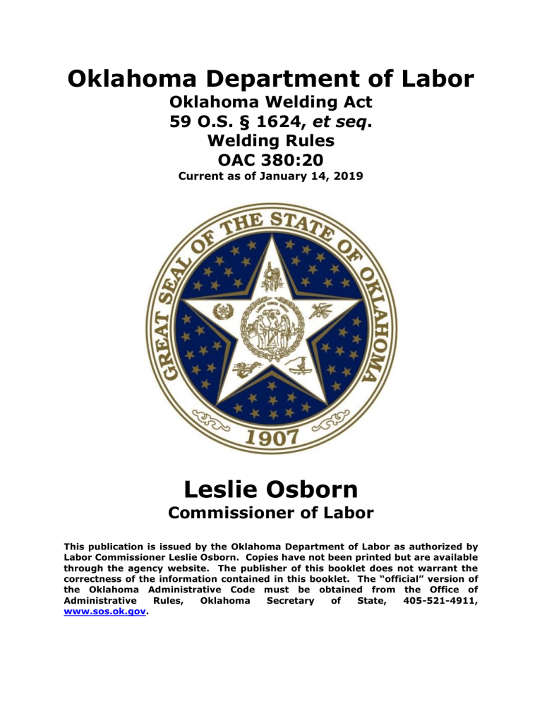 Oklahoma Welding Act Rules: Inspector Certification Standards Oklahoma Welding Act Rules: Inspector Certification Standards