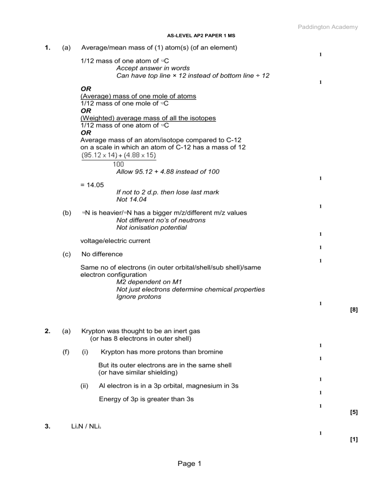 AS-Level Chemistry Exam Marking Scheme - Paddington Academy