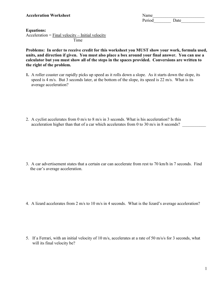 Acceleration Worksheet: Physics Practice Problems