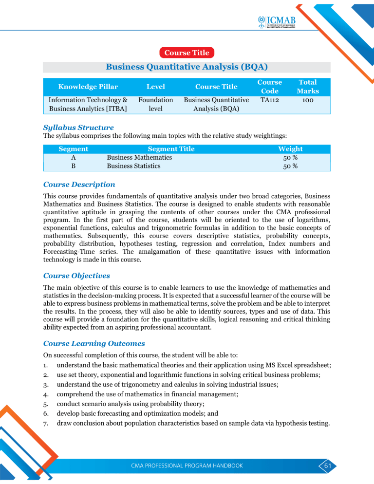 Business Quantitative Analysis (BQA) Course Syllabus