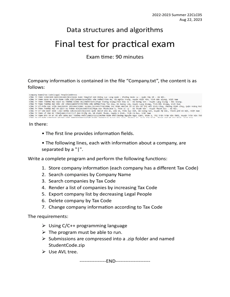 Data Structures & Algorithms Final Exam (C/C++)