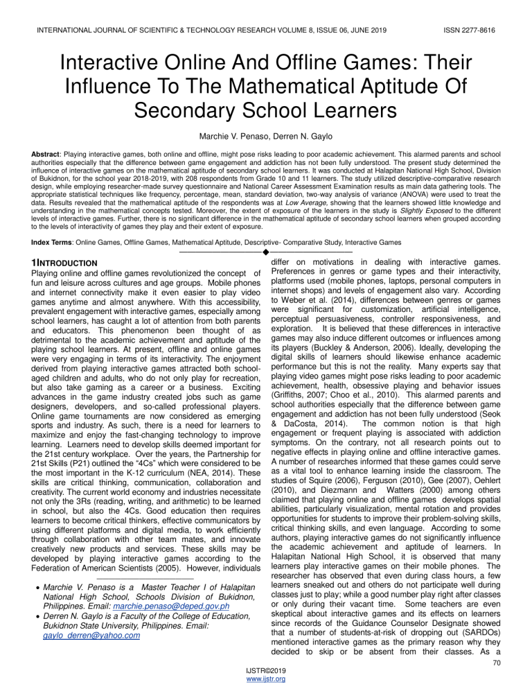 Interactive Games & Math Aptitude: A Research Study