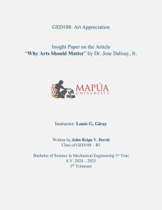 Art Appreciation: Why Arts Should Matter - Insight Paper