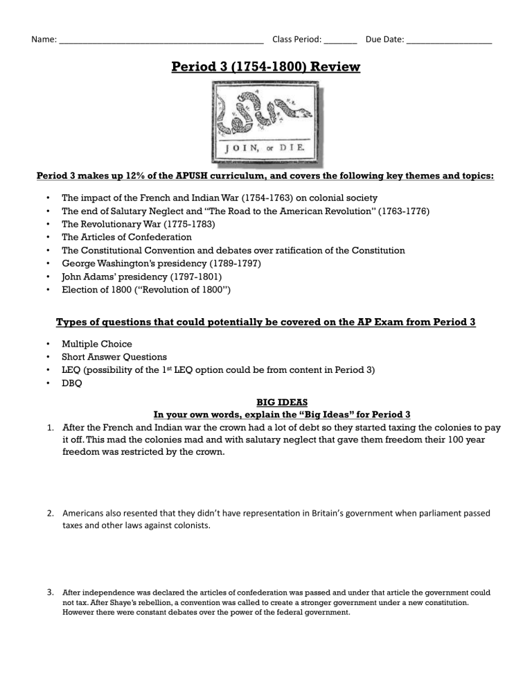 APUSH Period 3 Review: 1754-1800 Worksheet
