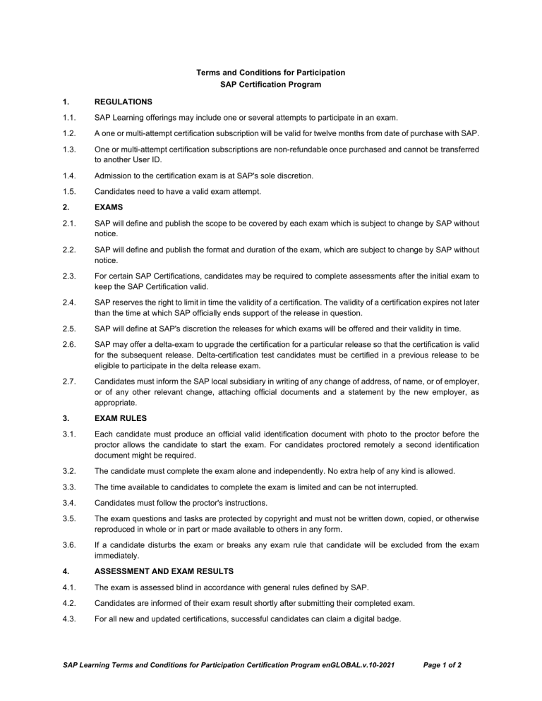 Sap Certofocation Program SAP Certification Program: Terms and Conditions