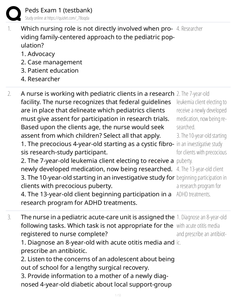 Peds Exam 1 Test Bank: Pediatric Nursing Questions