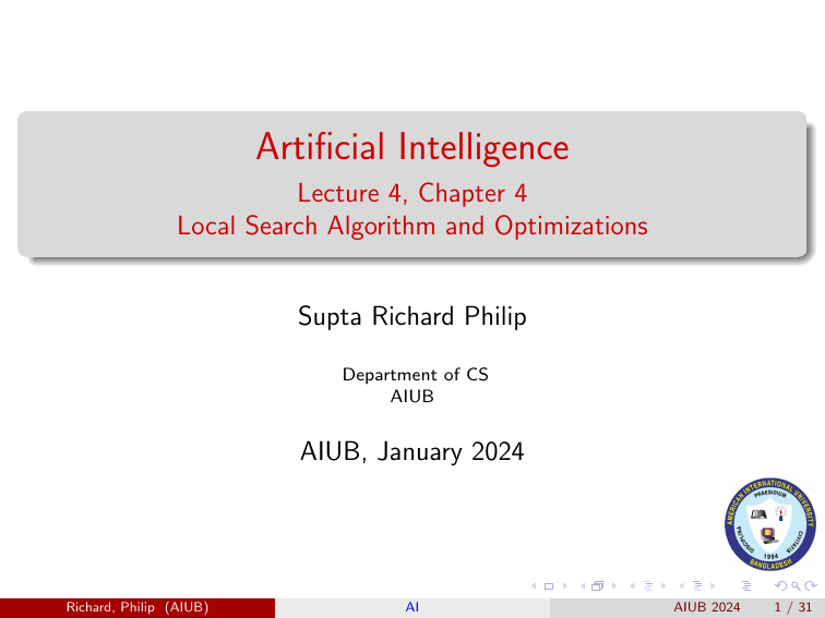Local Search Algorithms & Optimization in AI - Lecture