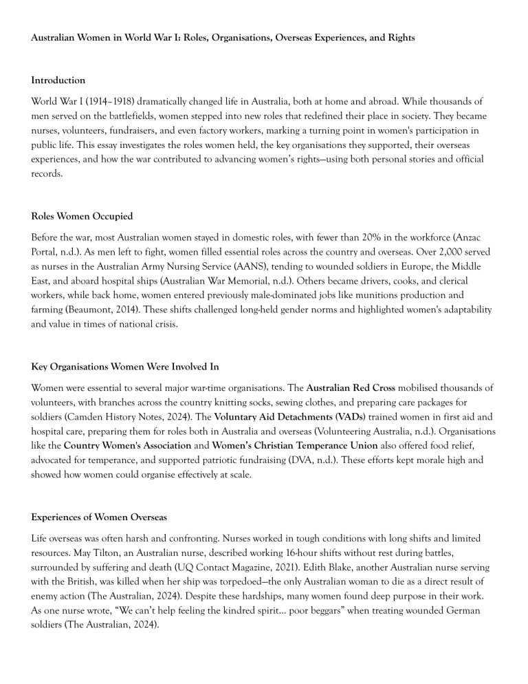 Australian Women in WWI: Roles & Rights