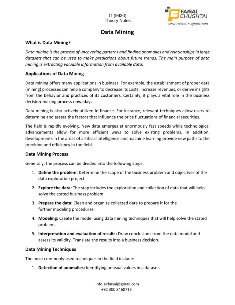 Data Mining: Theory, Applications, and Techniques