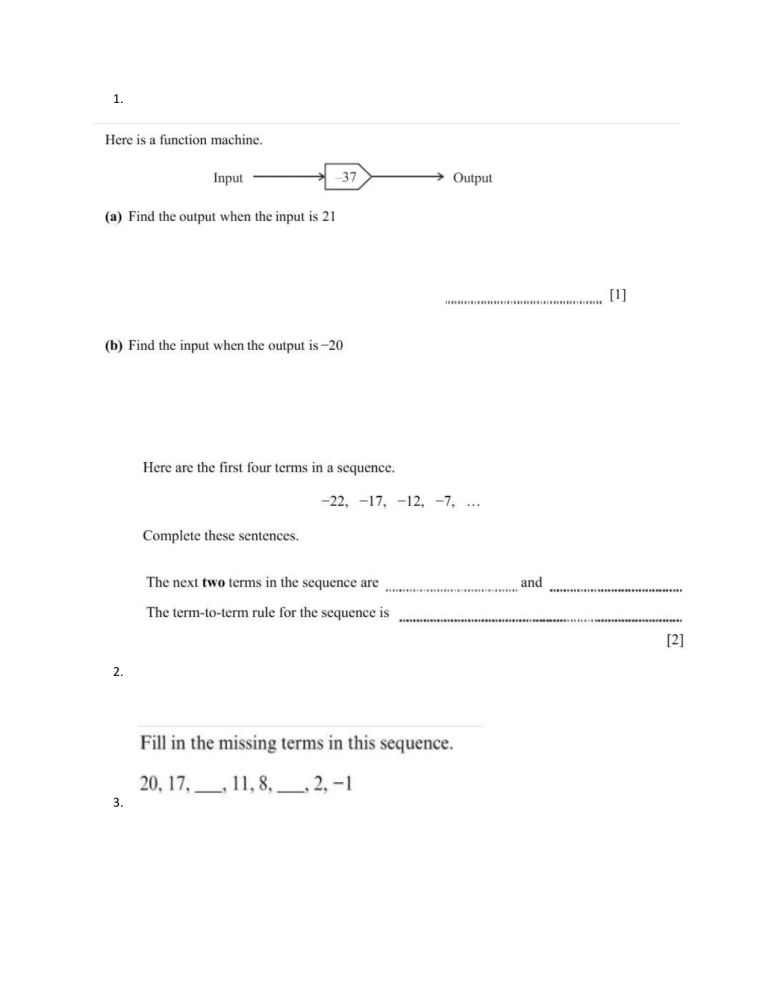 Math Worksheet: Function Machines & Number Sequences