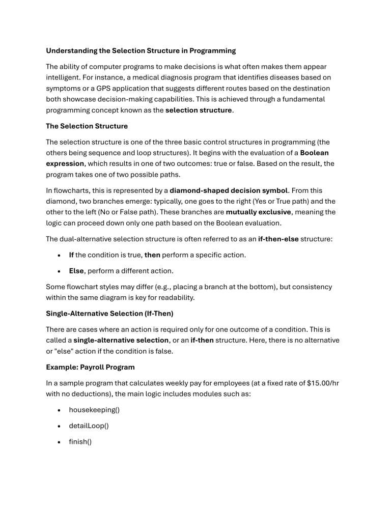 Selection Structures in Programming: If-Then-Else, AND, OR, NOT