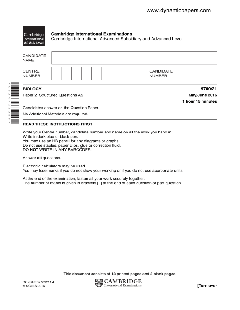 Cambridge AS Level Biology Paper 2 Structured Questions Exam 2016