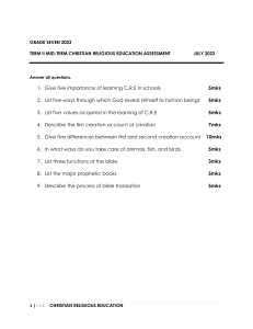 Grade 7 CRE Mid-Term Assessment: Term II, July 2023