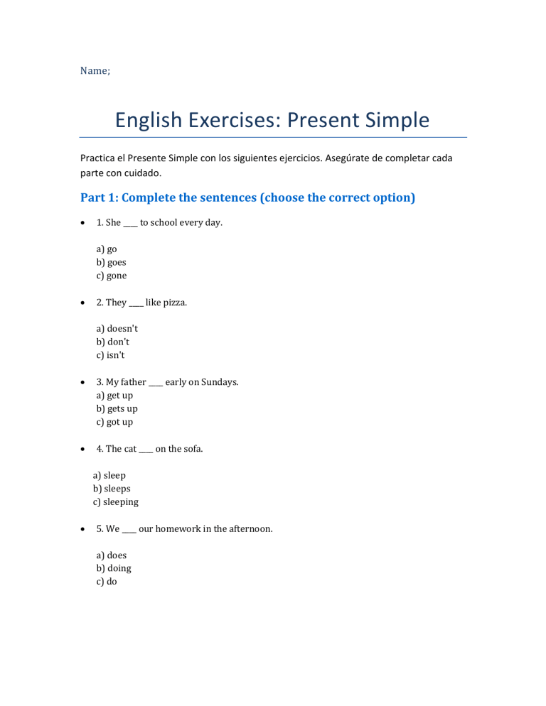 Present Simple English Exercises Worksheet
