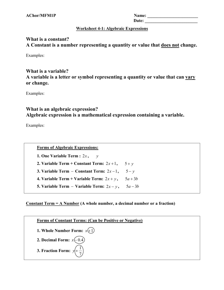 Algebraic Expressions Worksheet: Constants, Variables, Polynomials