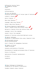 Differential Calculus Topics: Course Outline
