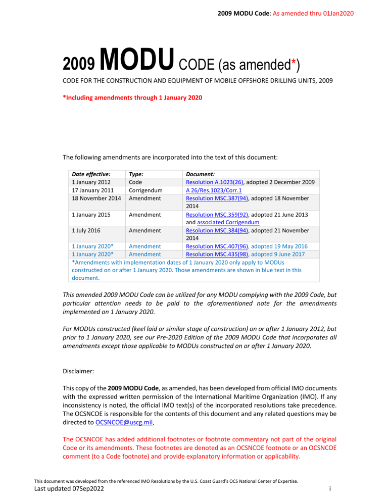 2009 MODU Code: Mobile Offshore Drilling Unit Construction & Equipment