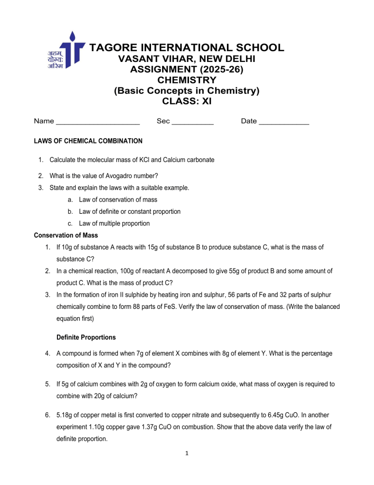 Chemistry Assignment: Basic Concepts, Class XI