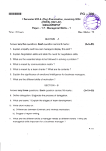 MBA Managerial Skills Exam Paper - June/July 2024