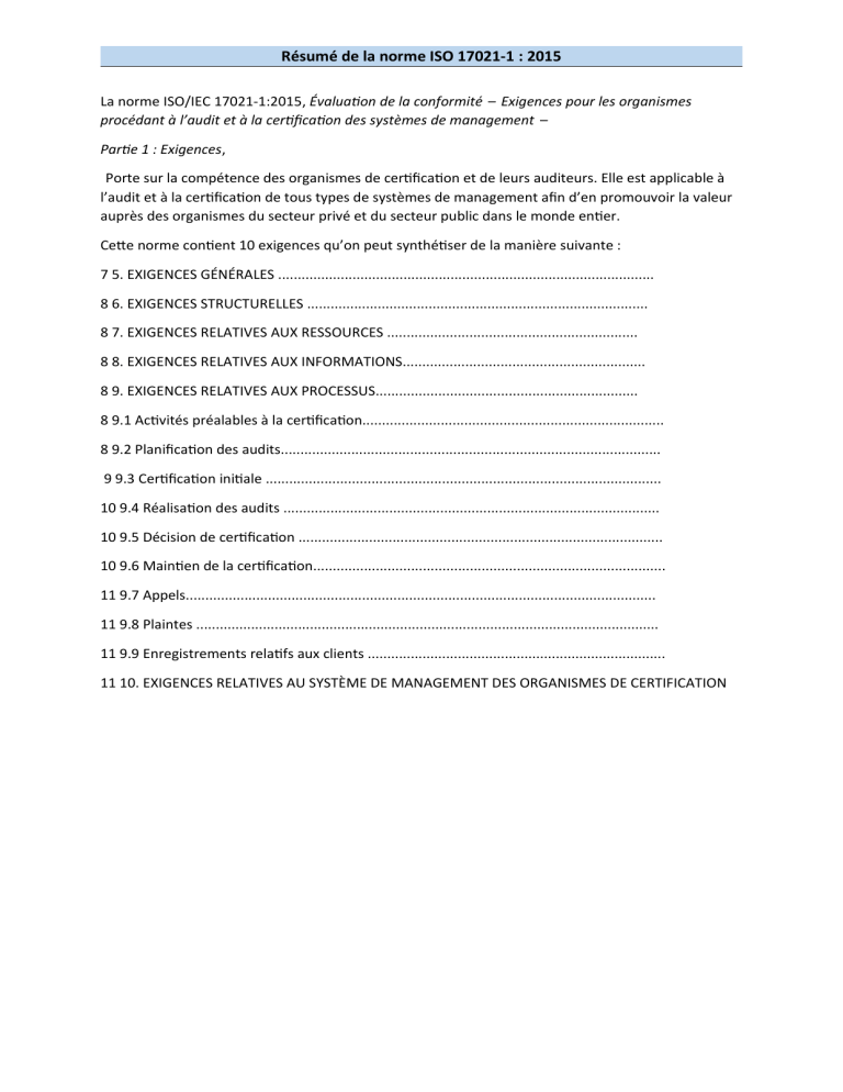 Résumé de la norme ISO 17021-1:2015
