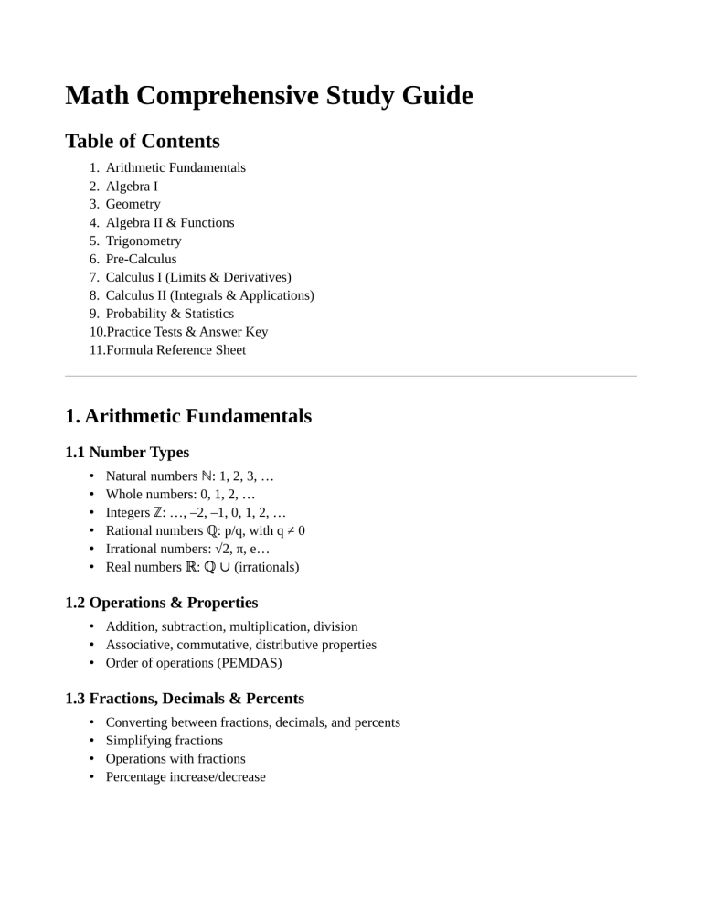 Math Study Guide: Algebra, Calculus, Geometry, & More