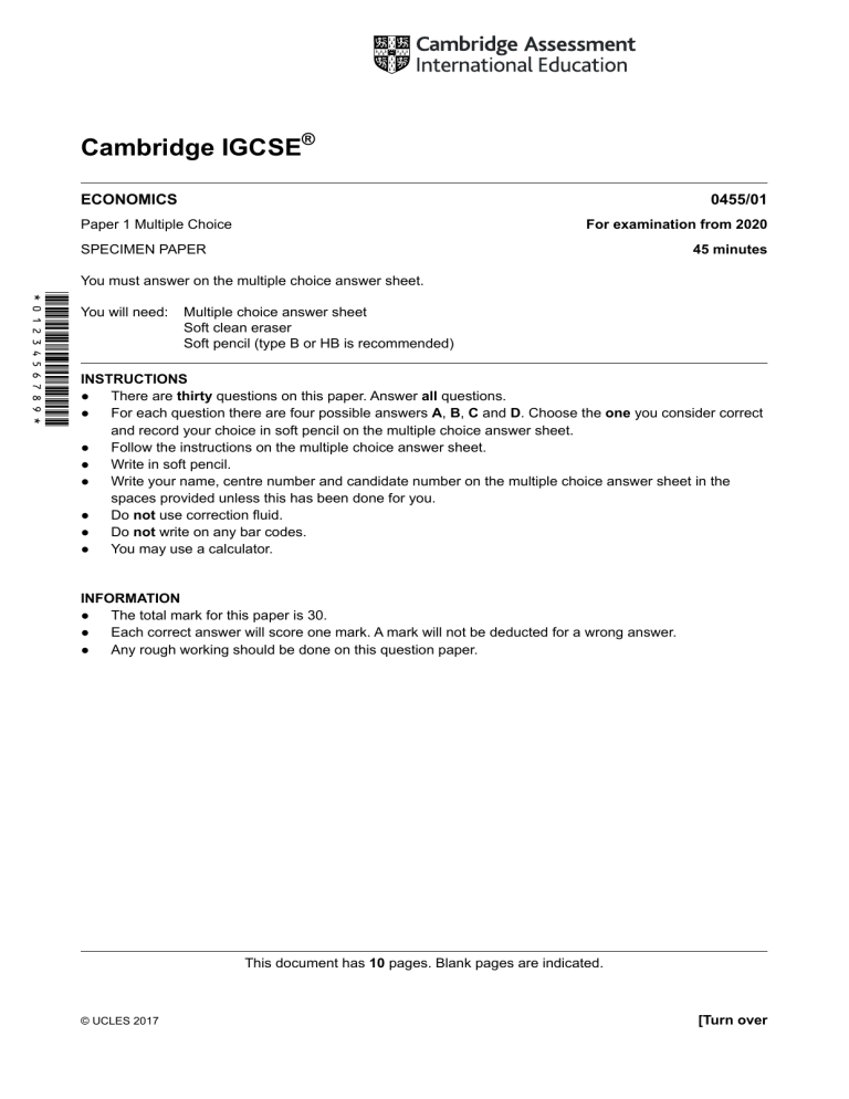 Cambridge IGCSE Economics 0455/01 Paper 1 Multiple Choice Specimen