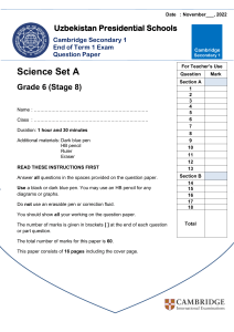 Grade 6 Science Exam: Cambridge Secondary 1, Set A
