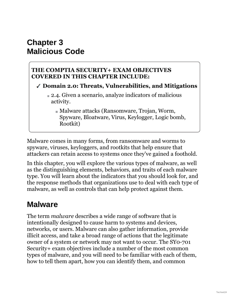 Malicious Code: Malware Analysis & Mitigation for Security+