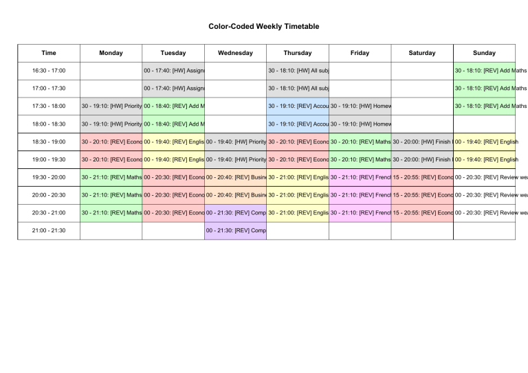 Color Coded Weekly Study Timetable For Homework Revision Color Coded Weekly Study Timetable For Homework Revision