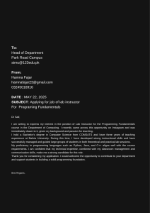 Lab Instructor Cover Letter - Programming Fundamentals