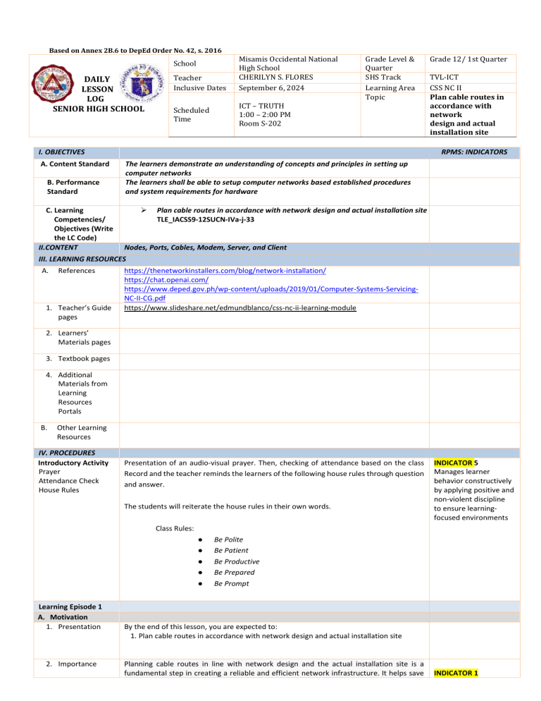 Daily Lesson Log: Cable Routing for Computer Networks