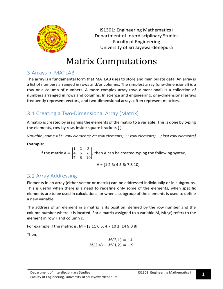 Matrix Computations in MATLAB: Arrays & Linear Equations