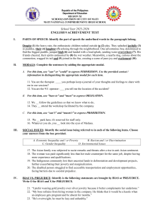 English 9 Achievement Test - Parts of Speech, Modals