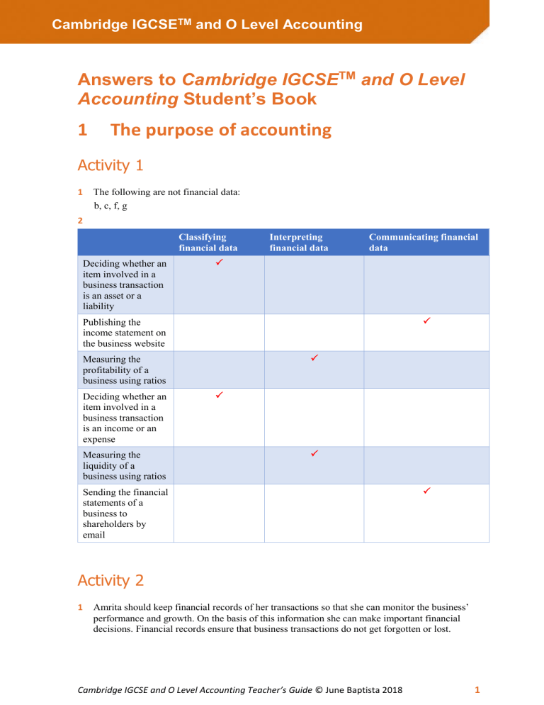 Cambridge IGCSE/O Level Accounting: Answer Key