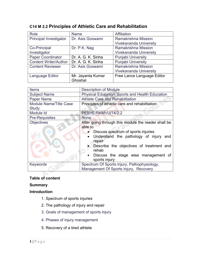 Athletic Care & Rehabilitation Principles & Injury Management