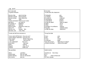 Lista de vocabulario en español: saludos, aula, hora, clima