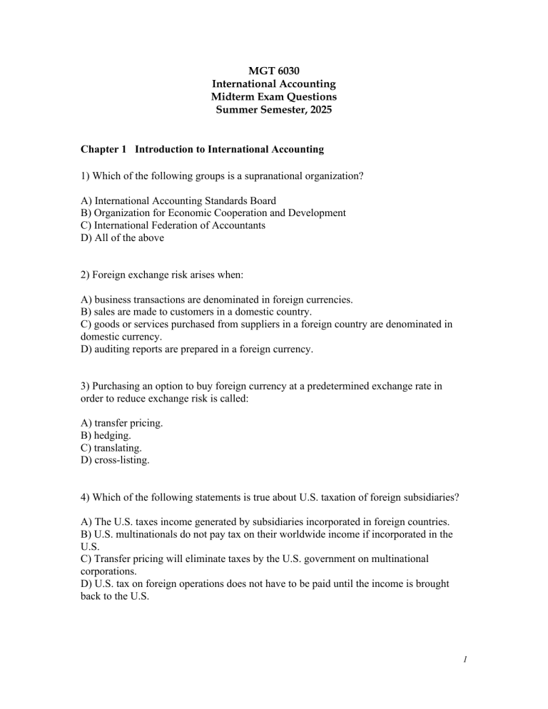 International Accounting Midterm Exam Questions
