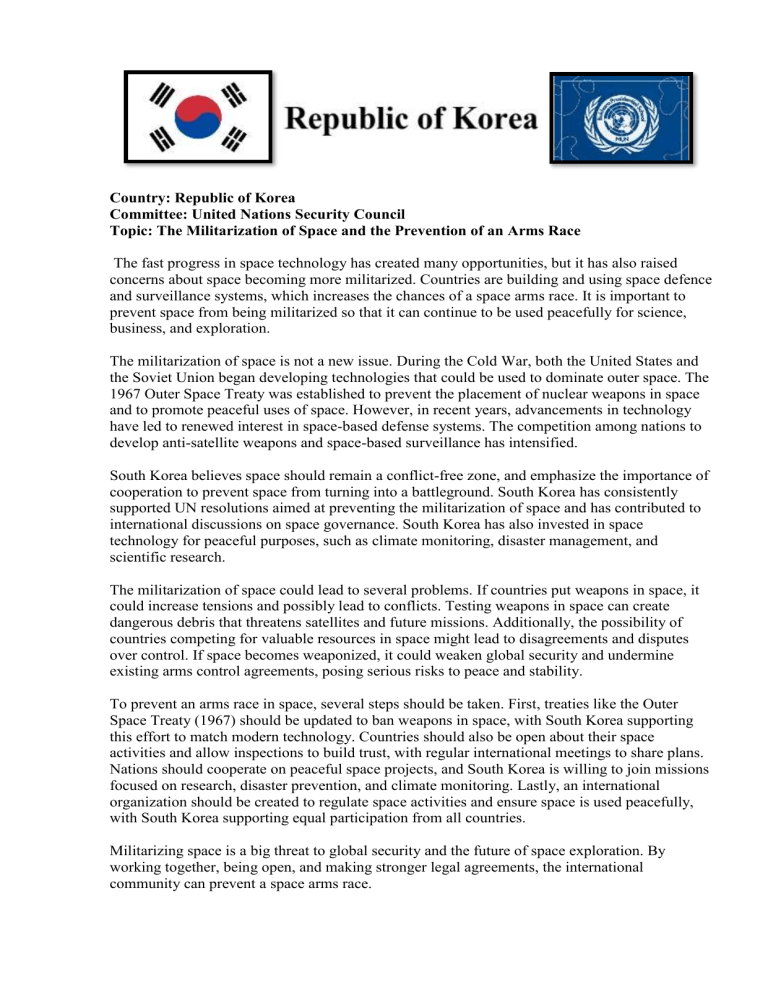 Space Militarization: South Korea's Position Paper to UNSC