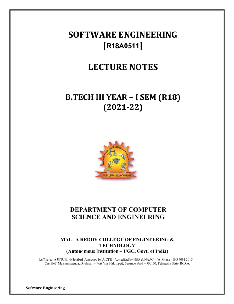 Software Engineering Lecture Notes - B.Tech CSE