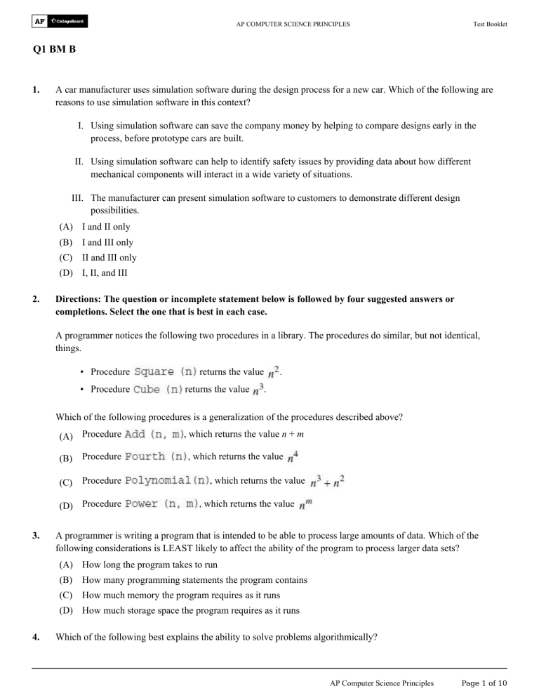 AP Computer Science Principles Test Booklet