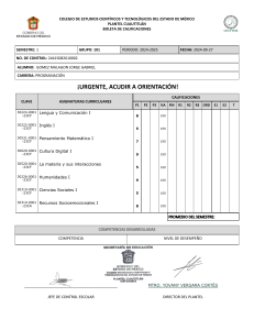 Boleta de calificaciones CECyTEM Plantel Cuautitl&aacute;n Semestre 1 2024-2025