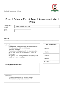 Form 1 Science Exam: Cells, Periodic Table, Gravity