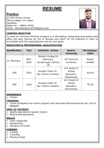 Prankur Aash - B. Pharmacy Resume