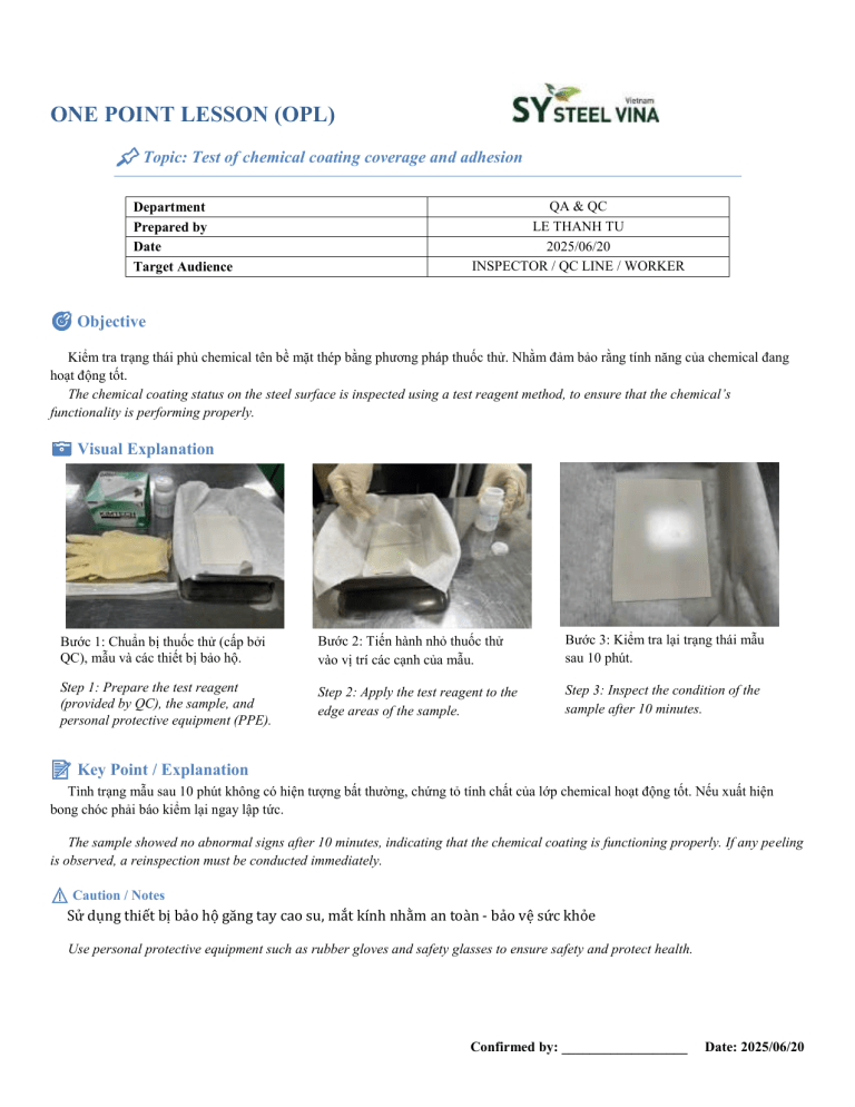 Chemical Coating Coverage & Adhesion Test for Steel Surfaces OPL