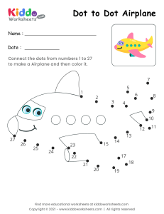Dot to Dot Airplane Worksheet for Kids