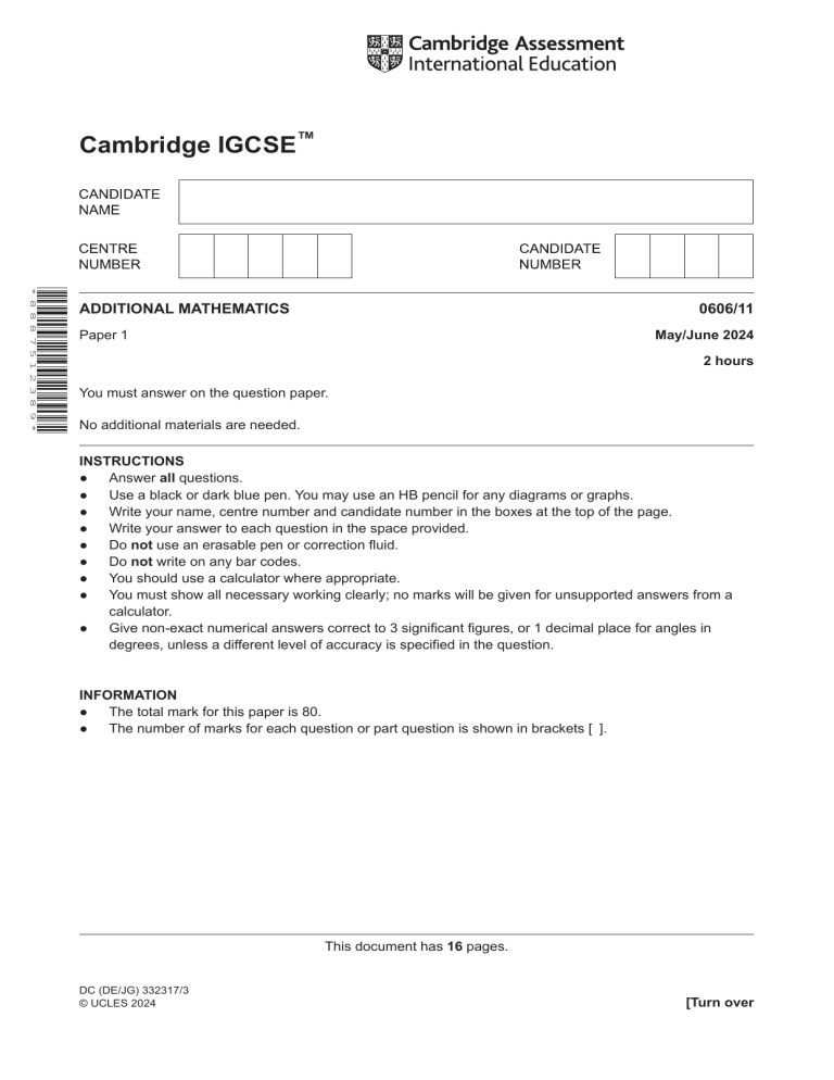 Cambridge IGCSE Additional Mathematics Exam Paper 0606/11