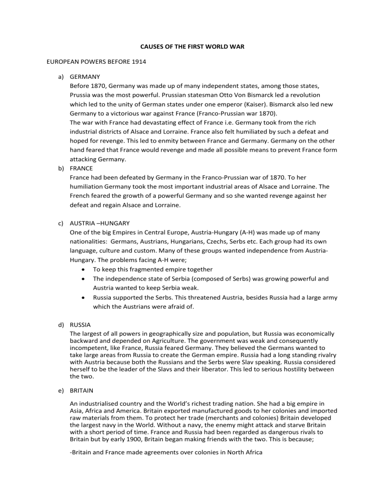 Causes of World War I: European Powers & Alliances