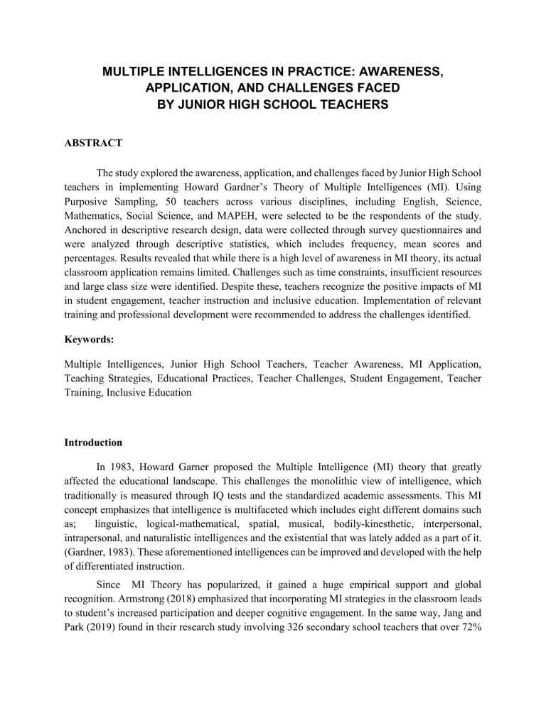 Multiple Intelligences in Junior High: Teacher Awareness & Challenges